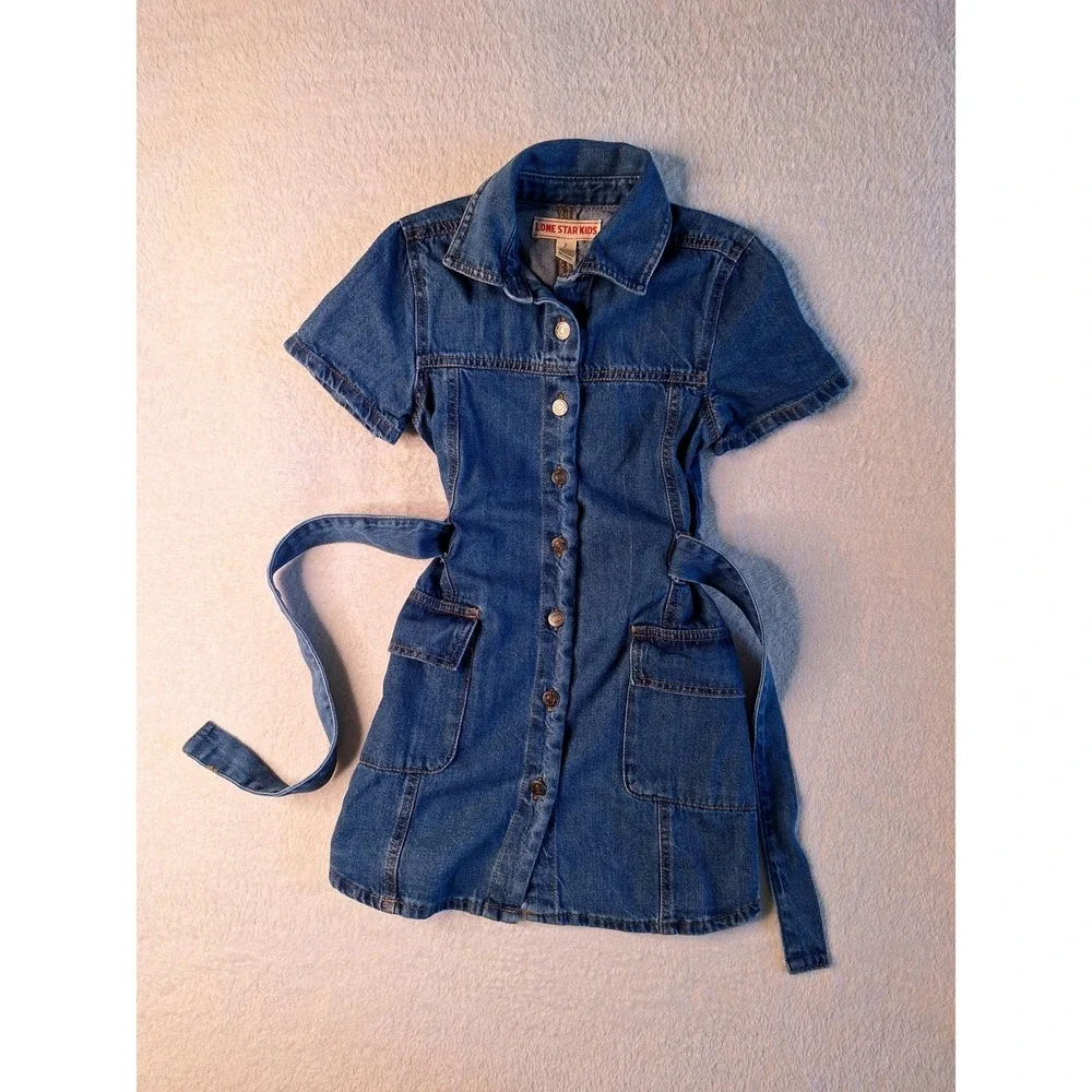 Lone Star Kids Girls Blue Denim‎ Button Down Belted Shirt Dress Size 7 Medium